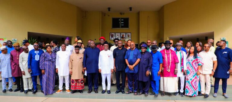 Group photograph after a solidarity visit by the leaders of ethnic groups from the Niger Delta region, led by Kingsley Kuku to Nyesom Wike in Abuja on Tuesday.