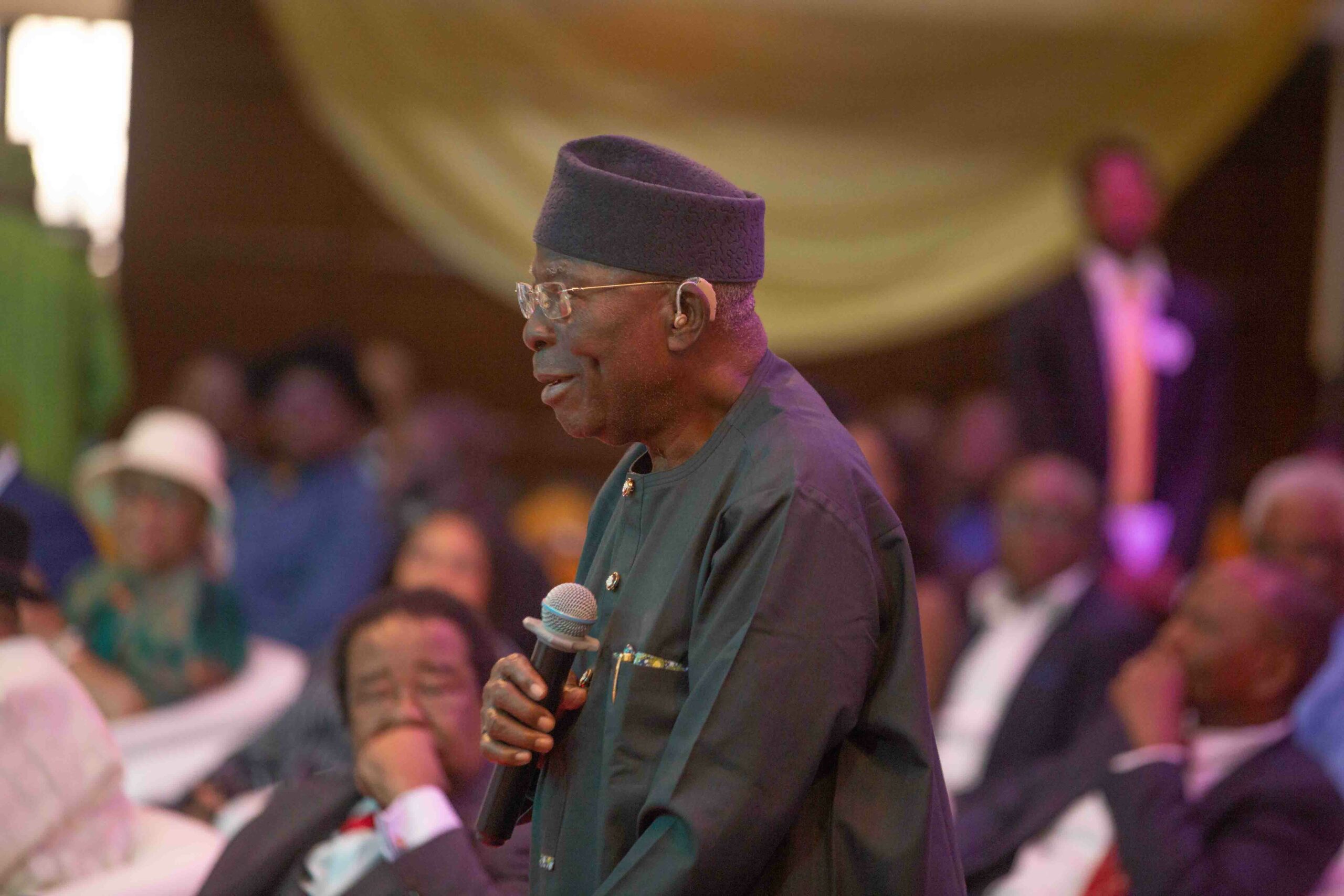 Chief Ayo Adebanjo addressing the guests at Chief JP Clark's book launch in Lagos