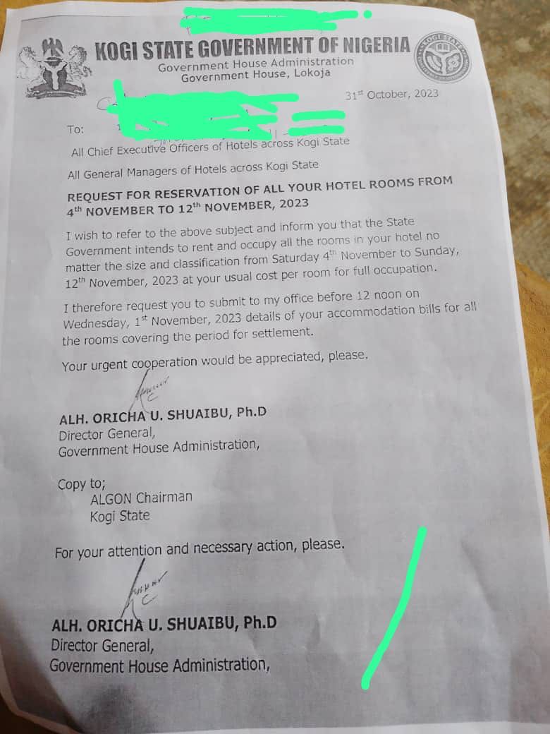 The Kogi government has initiated move to take over all hotel rooms in the state from Saturday 4 to Sunday 12 November. 