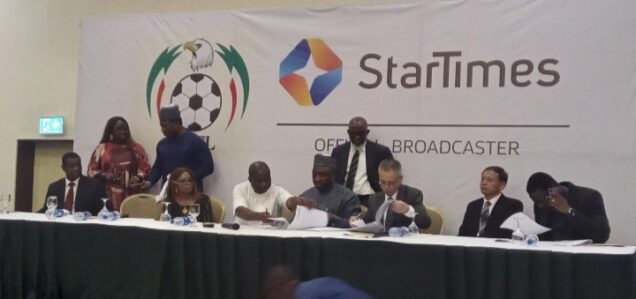 Gbenga Elegbeleye, the Chairman, NPFL Board, alongside the President of the NFF, Ibrahim Gusau and Joshua Wang, the CEO of StarTimes Nigeria during the signing of a five-year league broadcast rights deal on Thursday in Abuja.