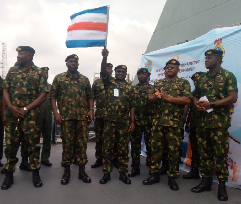 The FOC Western Naval Doctrine Command, Rear Adm. Habilla Zakaria flanked by the FOC, Western Naval Command, Rear Adm. Mustapha Hassan and other senior naval officers during the flag off of Ex Eja Expression.