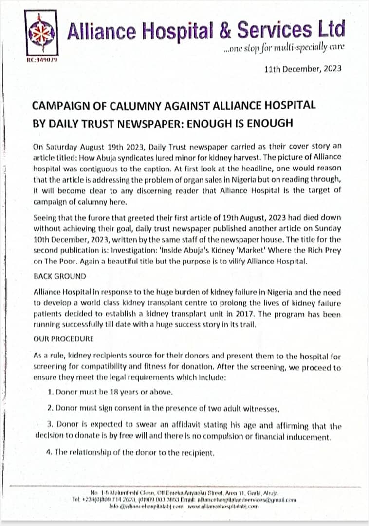 A frontline Abuja-based medical institution, Alliance Hospital, has vehemently denied allegations of engaging in illegal kidney harvesting. 