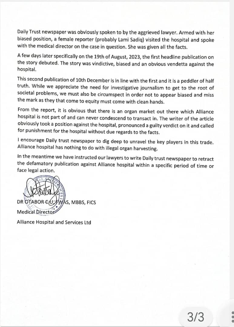 A frontline Abuja-based medical institution, Alliance Hospital, has vehemently denied allegations of engaging in illegal kidney harvesting. 