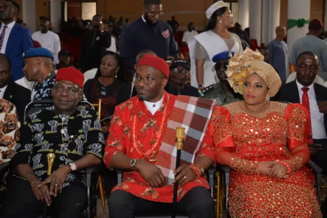-R Gov. Alex Otti of Abia, the Deputy Speaker of the House of Representatives, Chief Benjamin Kalu and his wife, Dr Ezinne Benjamin-Kalu at a civic reception organised by the Abia Government in honour of the Deputy Speaker.