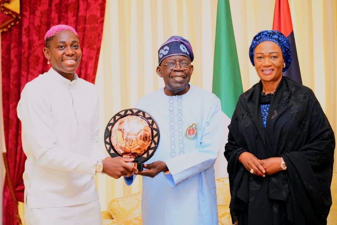 Tinubu salutes excellence of Nigerian women, hosts Super Falcons star Asisat Oshoala
