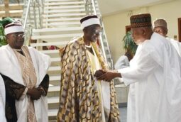 Vice President Kashim Shettima and a traditional ruler from Mangu, the Mishkahan Mwaghavul, John Hirse, who led a team on a courtesy call to his office at the Presidential Villa, Abuja.