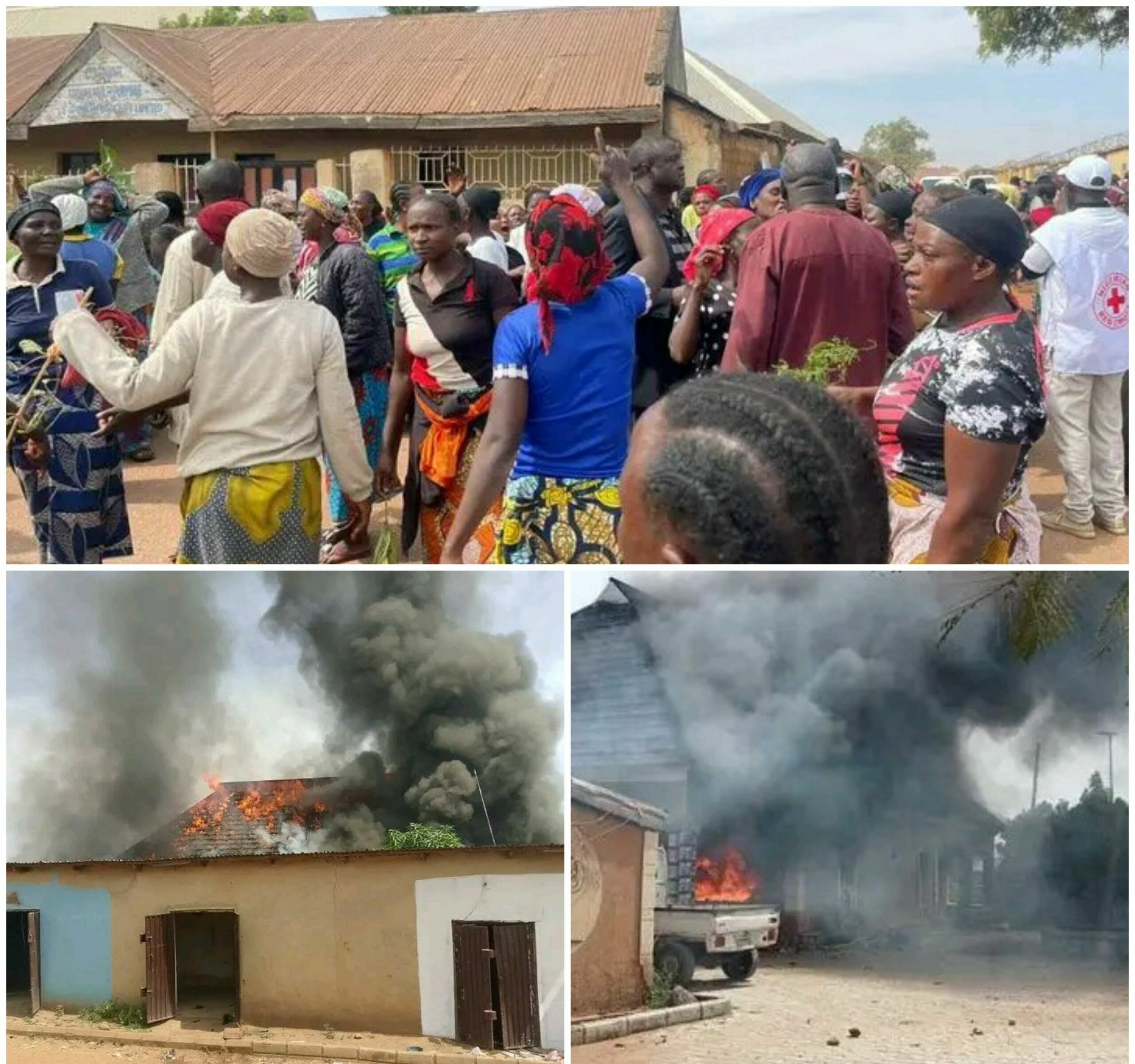 Women protesting arrests of suspects over killings in Bokkos town, Bokkos LG of Plateau state burn residence District Head Michal Adanchi.