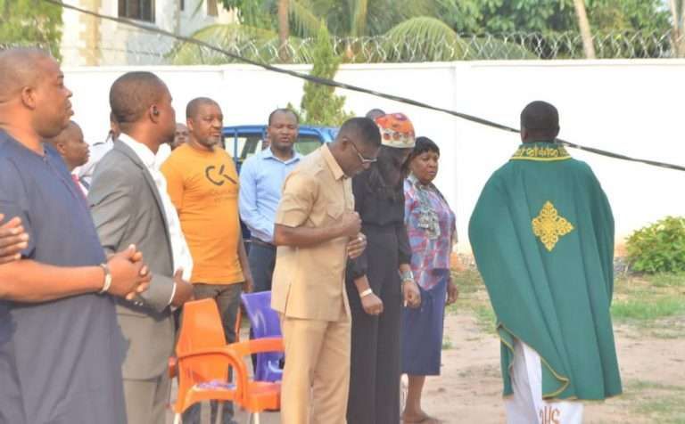 Edo Deputy Governor Philip Shaibu, a devote Roman Catholic, observes mass in open field after Government House Chapel was shut against him