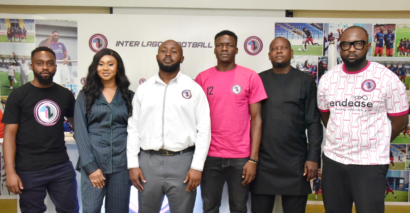 L-R: Lanre Vigo, Co-founder/CEO, Inter Lagos Football Club; Oluwatosin Fashoyin, COO; Gabriel Ezema, head coach; Kazeem Jibrin, team captain; Adigwe Gabriel, General Manager, football; and Olumide Fayankin, Co-founder, during the press launch of Inter Lagos Football Club in Lagos, yesterday.