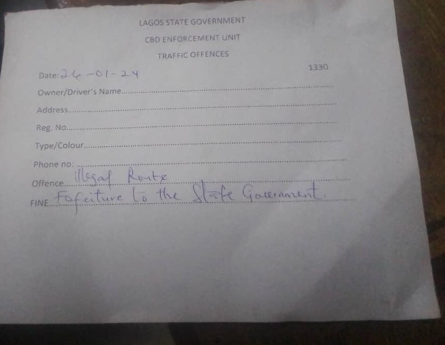 The 'Traffic offences form' filled by CBD Officer Ajayi Solomon  and handed to Sunday