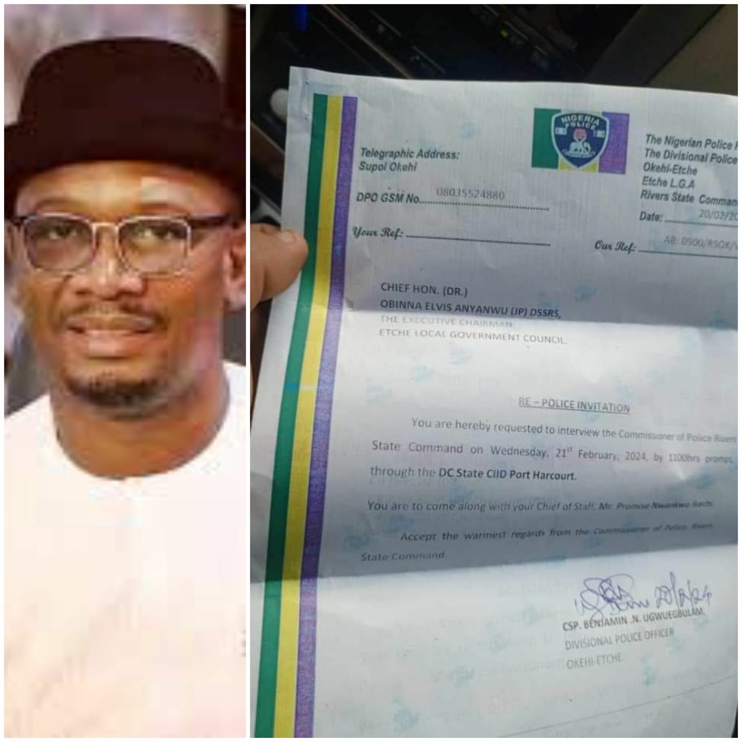 Rivers CP Tunji Disu summons Chairman of Etche LG Obinna Anyanwu, over destruction of properties at venue of thanksgiving for Governor Fubara