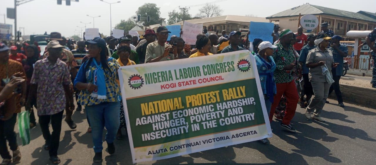 Hundreds of workers troop out for nationwide protest against economic hardship and hunger declared by the NLC in Lokoja, Kogi State