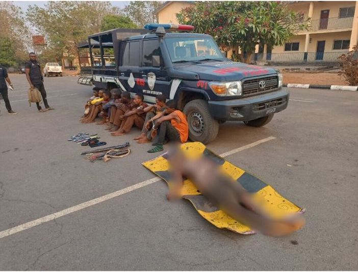 Parading the suspects before journalists on Friday evening at the Command headquarters in Ado Ekiti, the Police said one of the suspects, who are nine in number, was shot dead as the gang engaged Policemen in a gun duel.
