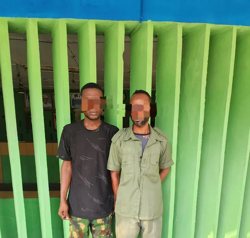 Police arrest two men identified as Jonathan Yahaya and Mohammed Umar for falsely parading themselves as soldiers in Lagos State.