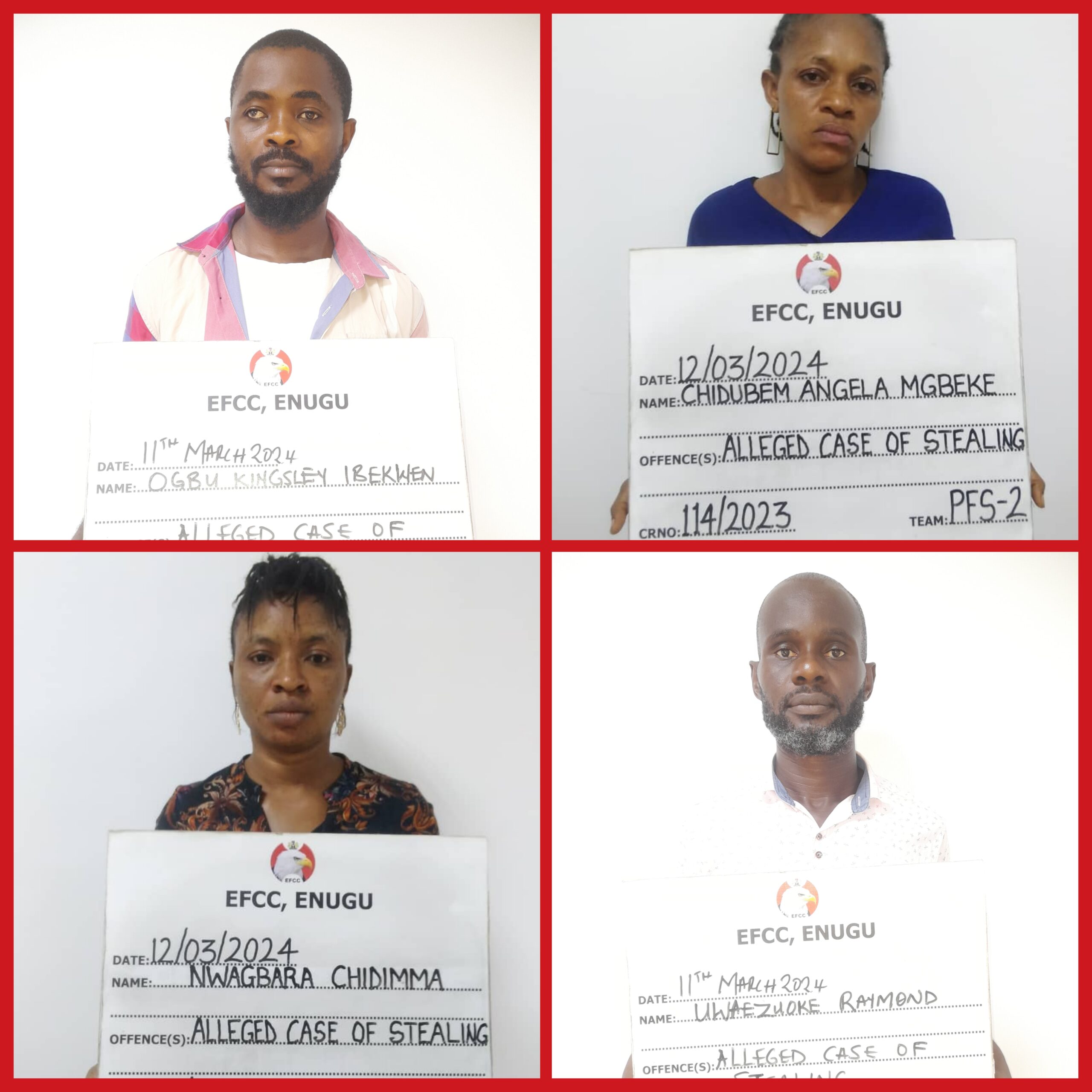 EFCC docks three former bankers, Ogbu and one other in Enugu State for stealing the sum of N15.9 million from the vault of Access Bank plc.