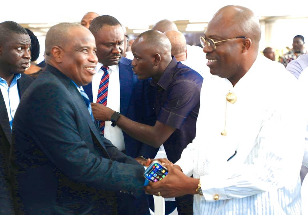 Ex-Rivers governor, Rotimi Amaechi, incumbent Siminalayi Fubara meet at funeral service for late Herbert Wigwe,   son,  wife at Isiokpo, Rivers