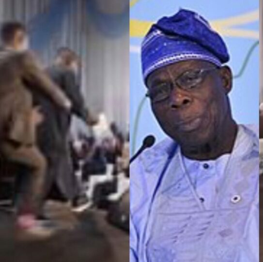 Watch moment as Olusegun Obasanjo jumps off stage at an event (Video)
