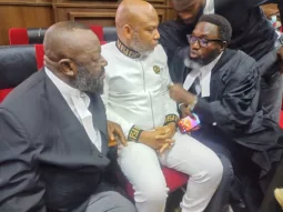 From Left: Mr Alloy Ejimakor, lead counsel to leader of the proscribed Indigenous People of Biafra (IPOB), Nmamdi Kanu, with Mr Maxwell Opara, a lawyer, at the Federal High Court, Abuja on Tuesday