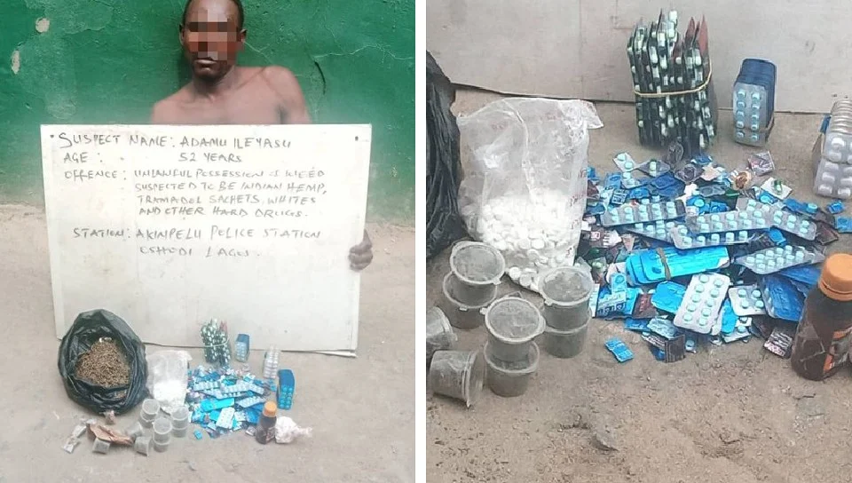 Police arrest physically challenged drug dealer with weed suspected to be India hemp and tramadol capsules he was vending in Lagos State.