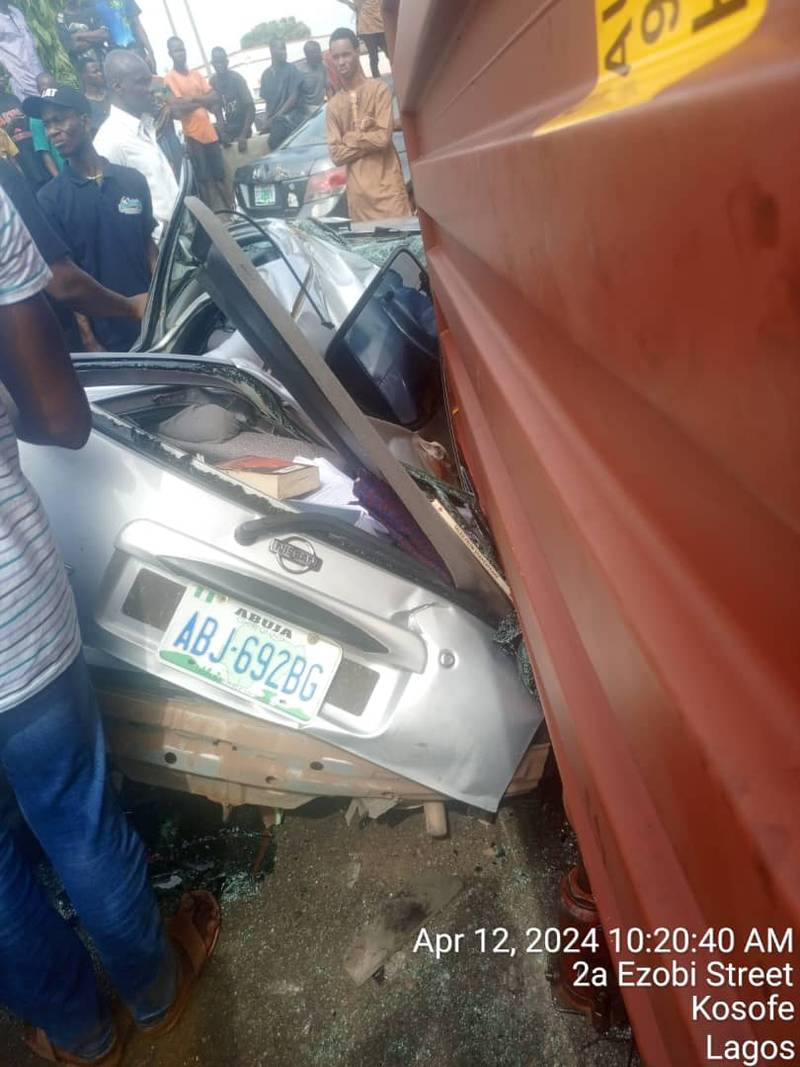A yet-to-be identified woman was crushed to death by a 40-feet container that fell on her car at Lagos-Ibadan Expressway on Friday.
