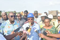 Pic From left, Director Highway Bridges $ Design, Mr Bede Obioha; Minister of Works, David Umahi addressing the press and Controller of Works Lagos, Mrs Olukorede Kasha during the Minister Inspection tour of the ongoing construction of the Lagos-Calabar highway at Eleko Area of Lagos State on Sunday (28/05/24)