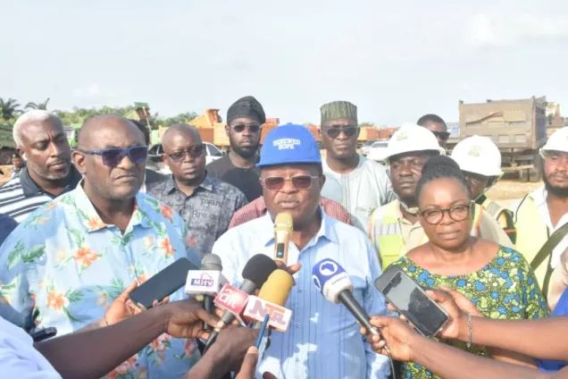 Pic From left, Director Highway Bridges $ Design, Mr Bede Obioha; Minister of Works, David Umahi addressing the press and Controller of Works Lagos, Mrs Olukorede Kasha during the Minister Inspection tour of the ongoing construction of the Lagos-Calabar highway at Eleko Area of Lagos State on Sunday (28/05/24)