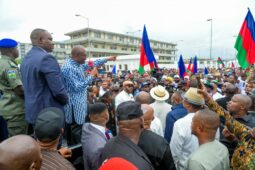 Rvers State Governor, Sir Siminalayi Fubara (right); addressing leaders and members of Ijaw Youth Council (IYC) on a solidarity walk to Government House Gate, Port Harcourt on Thursday.