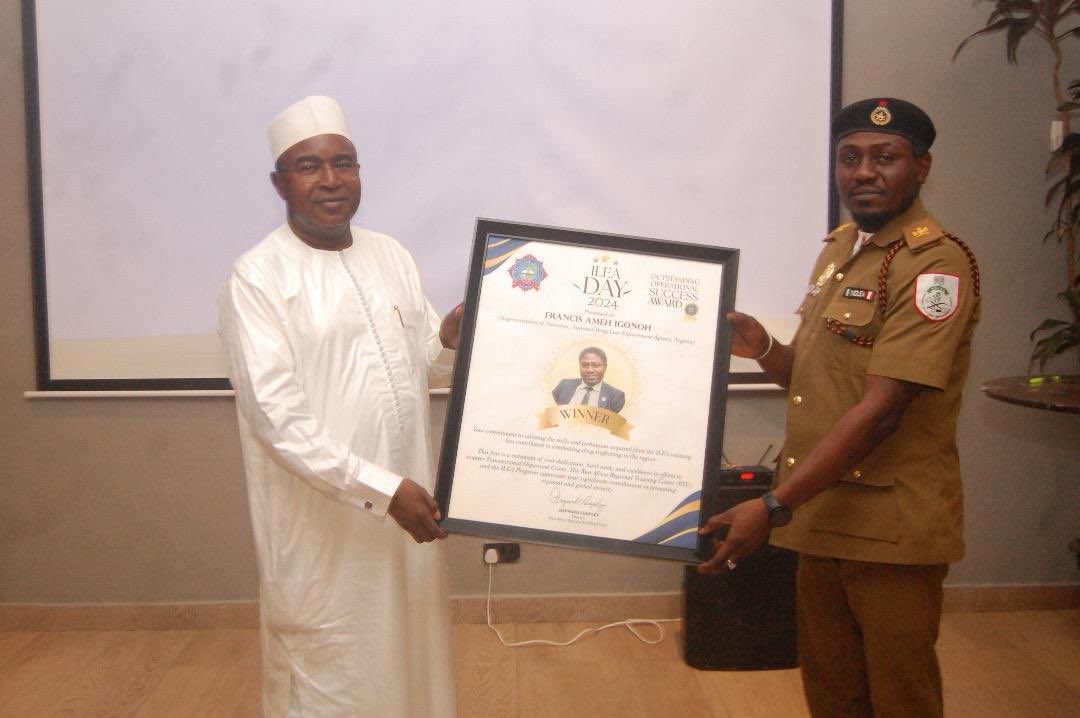 NDLEA boss Buba Marwa gives special promotion Francis Igonoh for winning 2024 ILEA Outstanding Operational Success Award.