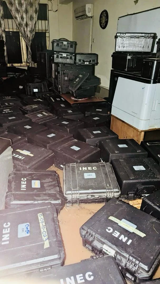 INEC says flood has damaged a section of its Edo office in Benin with voters registration machines and other items submerged in water.