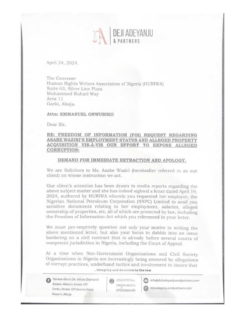 Deji Adeyanju’s law firm demands N100m from HURIWA