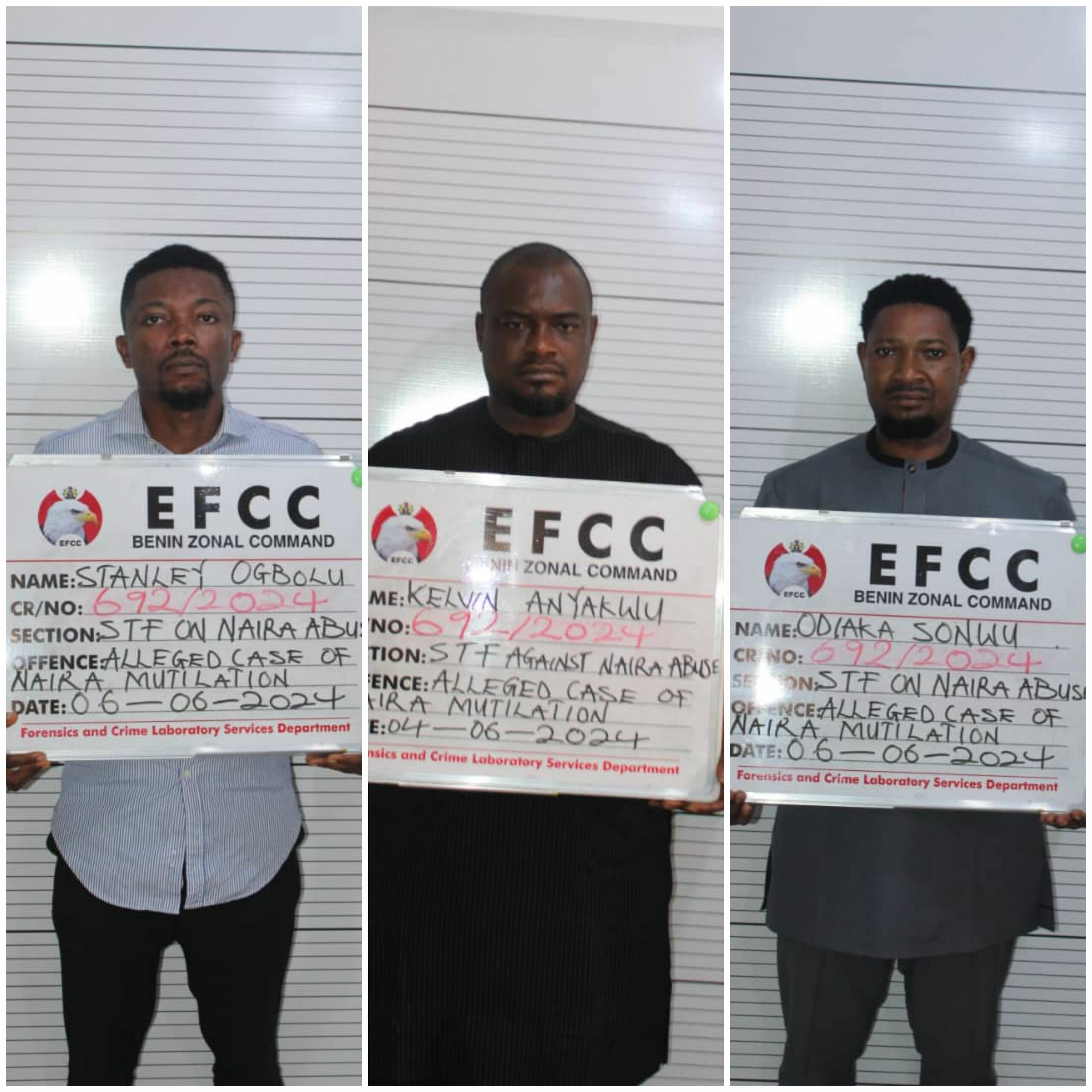 EFCC operatives arrest three men for spraying naira notes on a celebrant at a funeral ceremony in Asaba, Delta State.