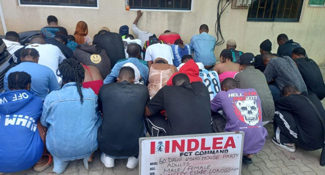 The National Drug Law Enforcement Agency NDLEA said its operatives arrested 60 suspects at a drug party held in Abuja on Friday night.