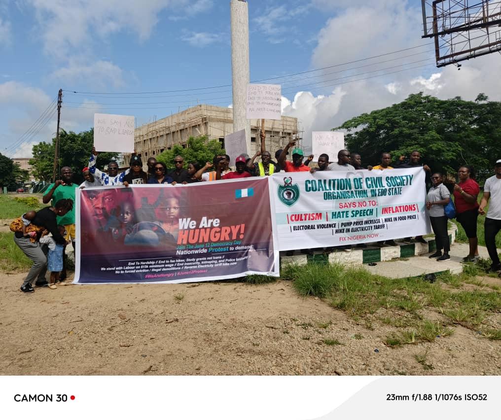 Members of the Edo Civil Society Organisation protest in Benin, urging government to advance policies that will better the lot of Nigerians.