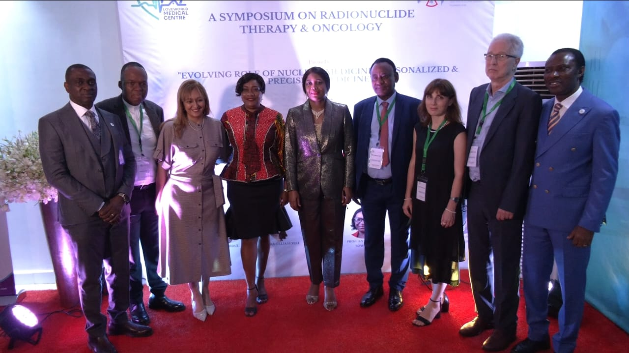 From L-R: Dr Emeka Eze, Dr Augustine Uduoise, Dr Masha Maharaj, Dr Olajumoke Akisanya, Executive Chairman, Loveworld Medical Centre Dr Deola Phillips, Prof Mboyo-Di-Tamba Willy Vangu, Prof Tamara Geliashvili, Prof Knut Liepe and Dr Anthony Oseghale, COO, during the International Symposium on Radionuclide Therapy and Oncology hosted by Loveworld Medical Centre in Lagos weekend.