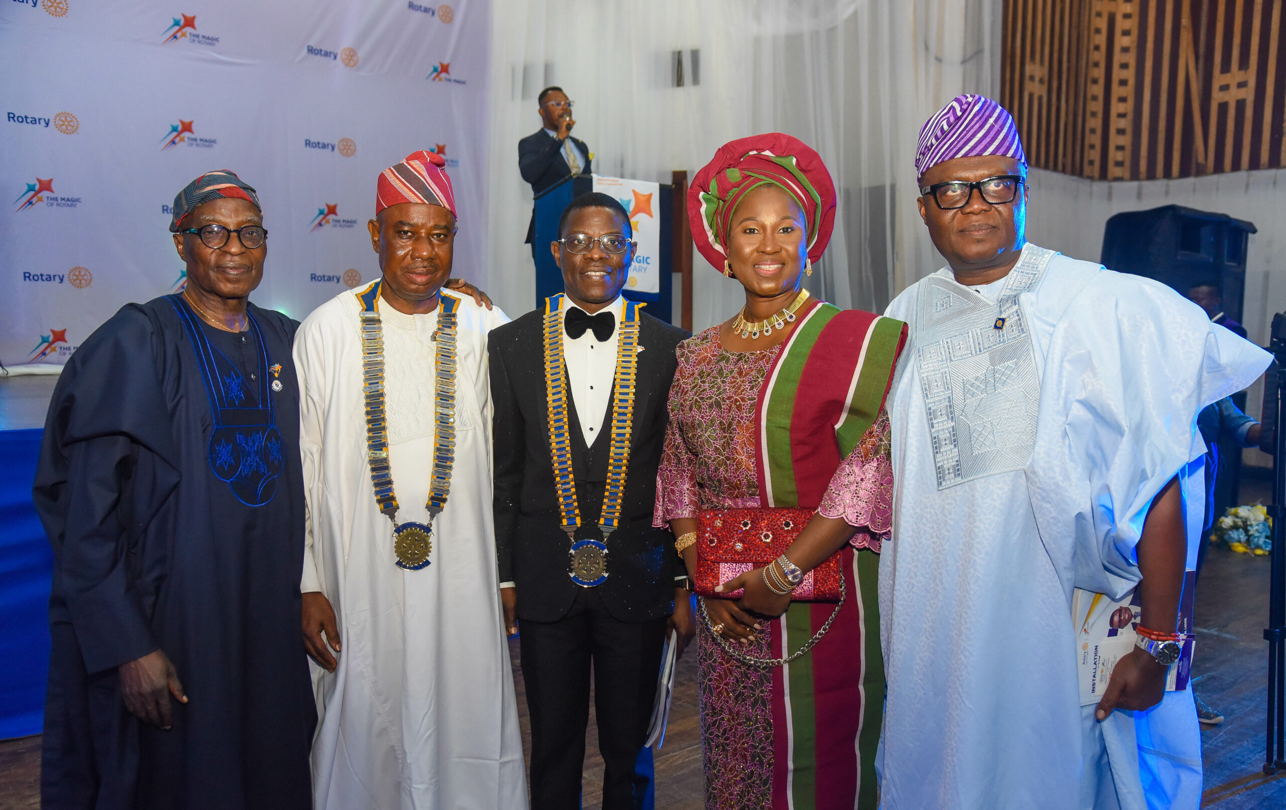 From left: A Past President of Rotary Club of Lagos, Senator Kola Bajomo; District Governor of Rotary Club, District 9112, Rotarian Femi Adenekan; President, Rotary Club of Lagos, District 9112, Mr. Adetunji Lamidi; Managing Director, First City Monument Bank (FCMB), Mrs. Yemisi Edun, and the Assistant Governor, District 9112, Rotarian Ehi Braimah, during the installation of Mr. Lamidi as the new President of Rotary Club of Lagos, District 9112. The event was held on July 6, 2024, in Lagos.