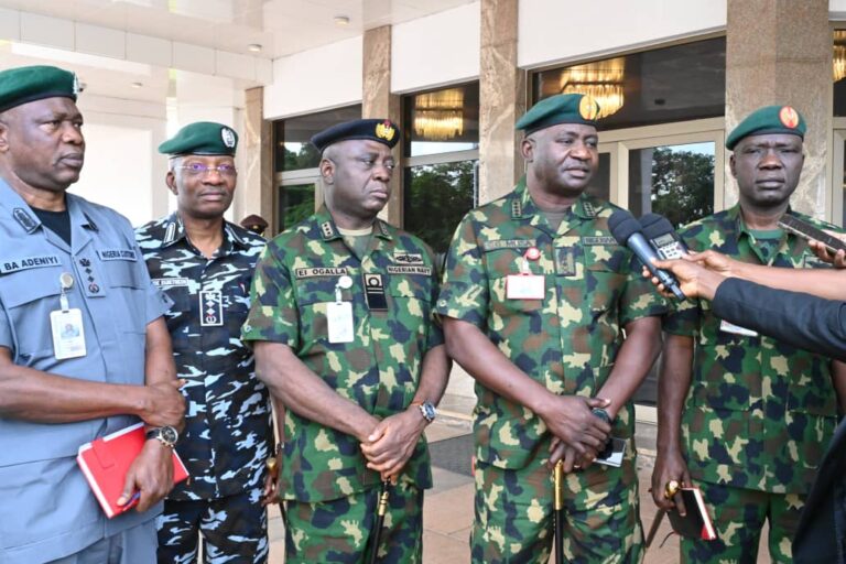 Gen. Christopher Musa, Chief of Defence Staff, service chiefs addressing State House correspondents after the National Security Council meeting on Monday.
