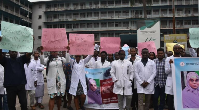 Resident Doctors at the UCH Ibadan protest, threaten strike over abduction of colleague, Dr Ganiyat Popoola and her nephew