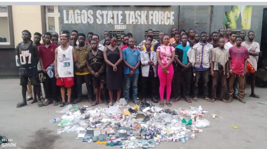 Lagos State Environmental and Special Offences Enforcement Unit (Taskforce) nabs 53 suspected criminals in Gowon Estate area of the state.