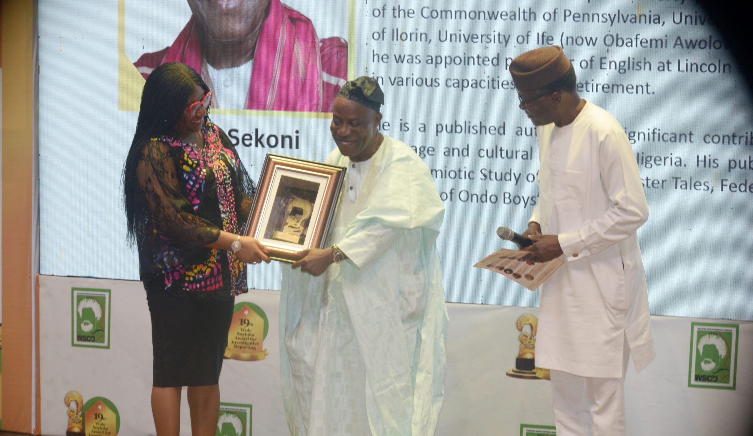 L-R: Motunrayo Alaka, Executive Director/CEO, Wole Soyinka Centre for Investigative Journalism (WSCIJ); Prof. Ropo Sekoni, Board Chair, WSCIJ/recipient of Service Award; and Kunle Ajibade, Executive Editor, The News, during the 19th Wole Soyinka Award for Investigative Reporting held at the AGIP Recital Hall of the MUSON Centre in Lagos, on Monday, December 9, 2024.