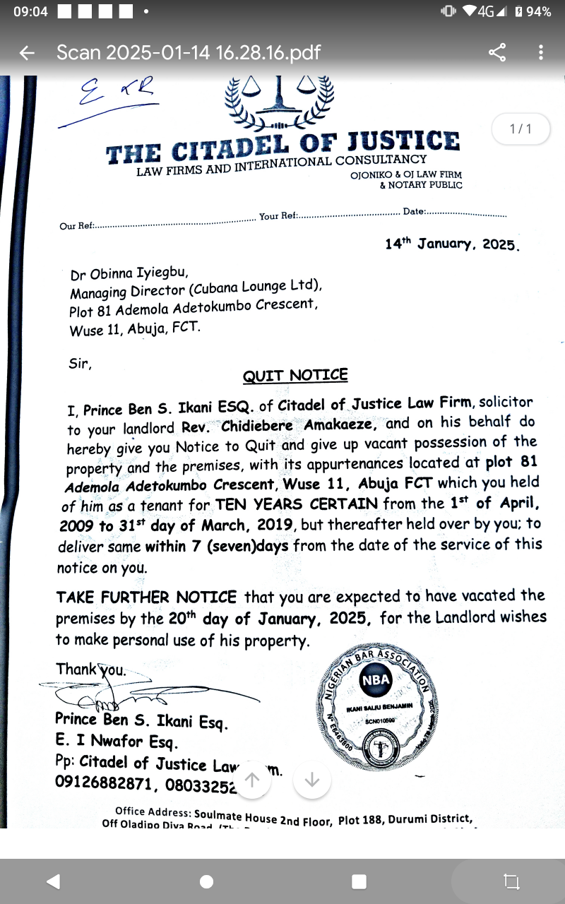 Quit notice to Obi Cubana