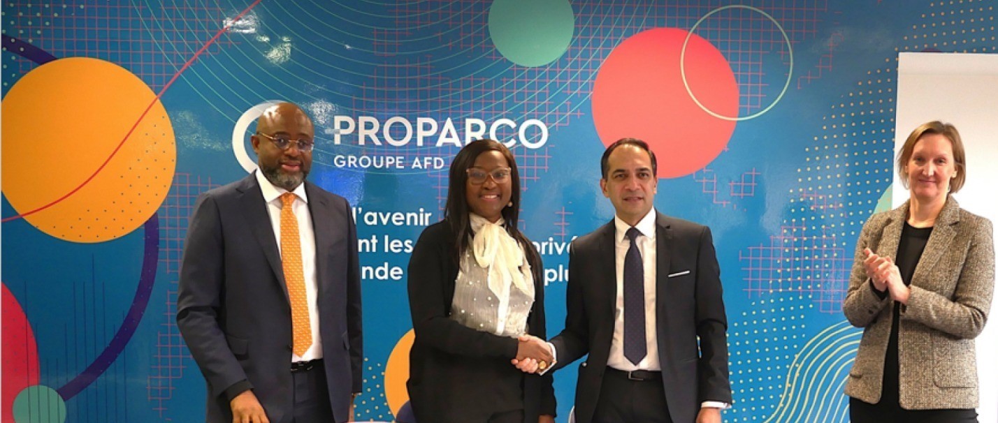 From left: Divisional Head, Treasury & International Banking, First City Monument Bank (FCMB), Mr. Gerald Ikem; Managing Director of the Bank, Yemisi Edun; Deputy Chief Executive Officer of Proparco, Djalal Khimdjee and Global Head of Lending Operations, Riedel Drouin, during the signing of the three agreements on January 20, 2024. Photo credit: Proparco