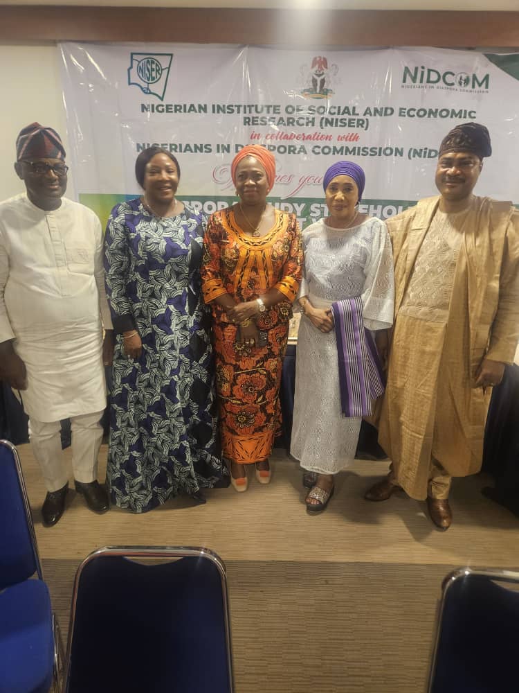 L-R: Hon. Gboyega Nasir Isiaka, Chairman House Committee on National Planning and Economy; Prof. Antonia Taiye Simbine, DG NISER; Hon. Abike Dabiri-Erewa, Chairman/CEO, NiDCOM; Mrs. Sarah David Areo, FCT Diaspora Focal Point Officer, and Amb. Bolaji Akinremi, Director of Economic Trade and Investment, Ministry of Foreign Affairs at a Workshop organised by NiDCOM and NISER, on- "A Six-Continent Survey of Nigerian Professionals in Diaspora: Policy Measures for Harnessing Contributions to National Development", in Abuja.