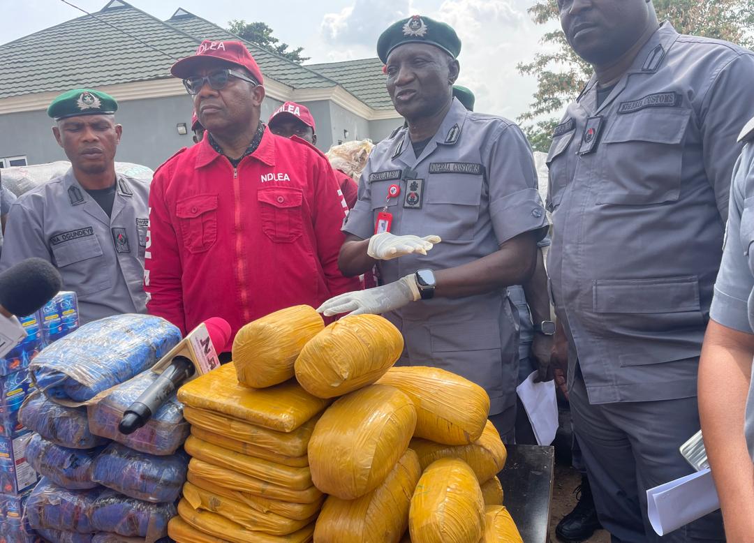 Nigeria Custom Service hands over impounded cannabis sativa weighing 3103.3kg as well as 88 cartons of codeine syrup to NDLEA in Ogun state.