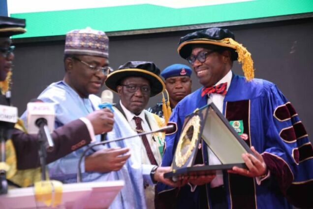 L-R: Former Bauchi State Governor, Isa Yuguda; Prof. Olufemi Peters, Vice-Chancellor, National Open University of Nigeria and Dr Akinwumi Adesina, President, African Development Bank (AfDB), during the 14th convocation lecture of NOUN in Abuja on Friday.