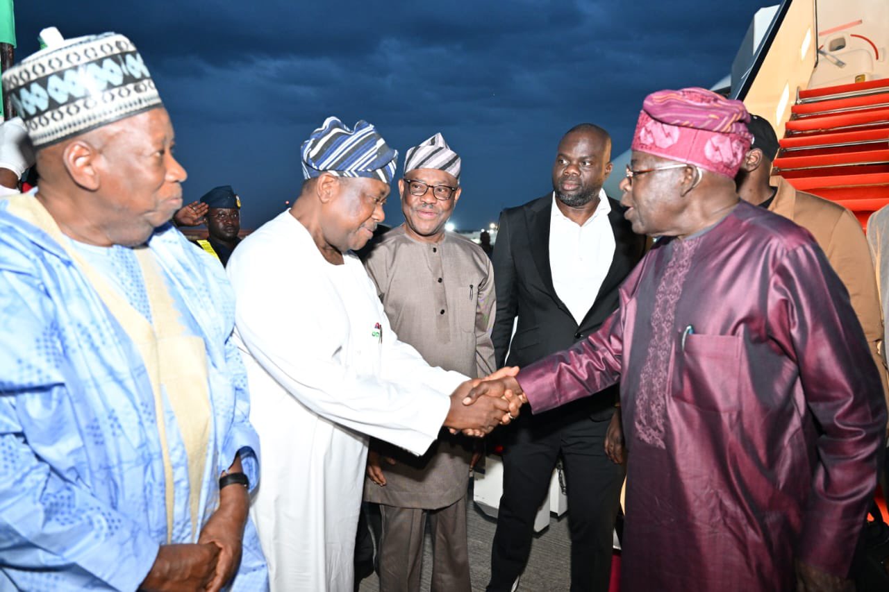 President Bola Tinubu; FCT Minister Nyesom Wike and SGF, George Akume as president returned to Abuja from Rome on Tuesday.