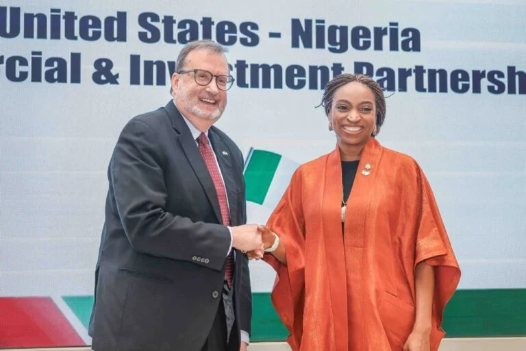 L-R: U.S. Ambassador to Nigeria, Richard Mills, and Minister of Industry, Trade, and Investment, Dr Jumoke Oduwole, at the official unveiling of a meeting of working groups of the U.S.–Nigeria Commercial and Investment Partnership (CIP) on Tuesday in Abuja.