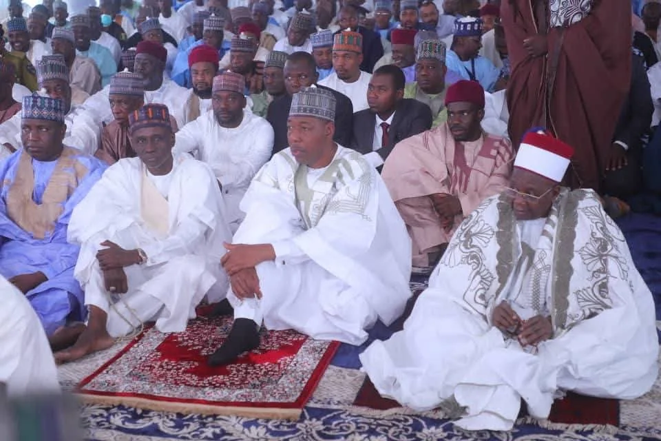 Governor Babagana Zulum,Shehu of Borno, Alhaji Abubakar Ibn Umar Garbai El-Kanemi, join worshippers in Maiduguri for the Eid prayer.