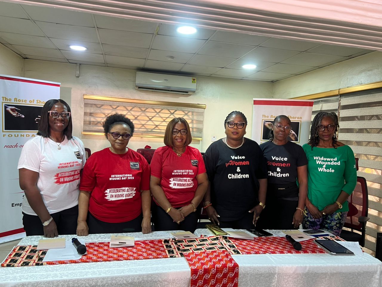 F-L( Dr. Ndudi Bowie, Country Manager of the RoSF, Apostle Folorunsho Alakija, Founder RoSF, Chairperson, the International Federation of Women's Lawyer (FIDA) Lagos Chapter, Mrs Abimbola Jack-Oladugba, FIDA Lead Researcher, Mrs Ifeyinwa Okpalaku, Mrs Hope Nwakwesi, Executive Director of the Widows Advocacy Coalition in Nigeria (WACIN)