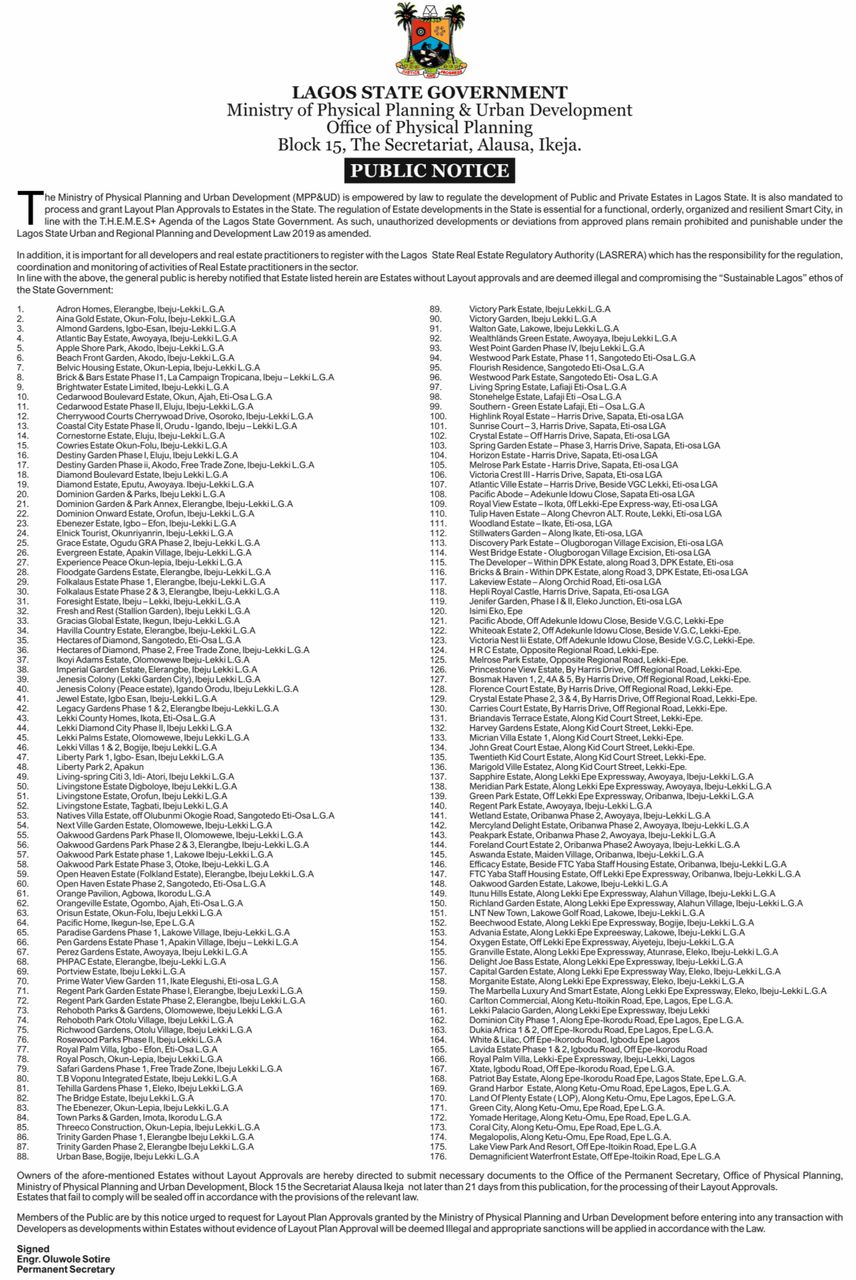 Lagos Govt gives 176 illegal estates in Eti-Osa, Ajah, Ibeju-Lekki, and Epe axis of the state 21 days to process their layout approvals