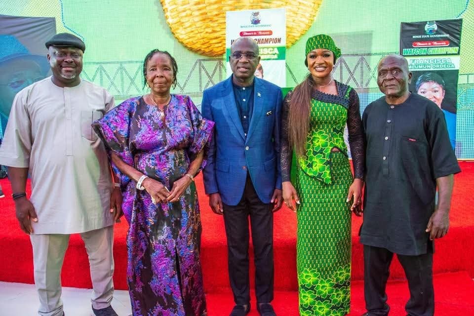 Benue governor, Hyacinth Alia honours Super Falcons' player Francesca Ordega over the team's victory in the 2025 WAFCON in Morroco